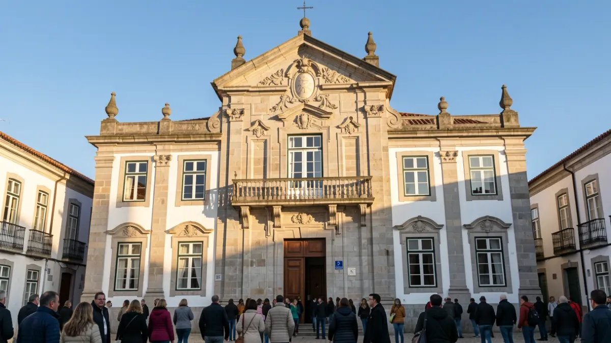 Fachada de um edifício municipal português com detalhes em pedra e varanda, sob luz solar de fim de tarde.