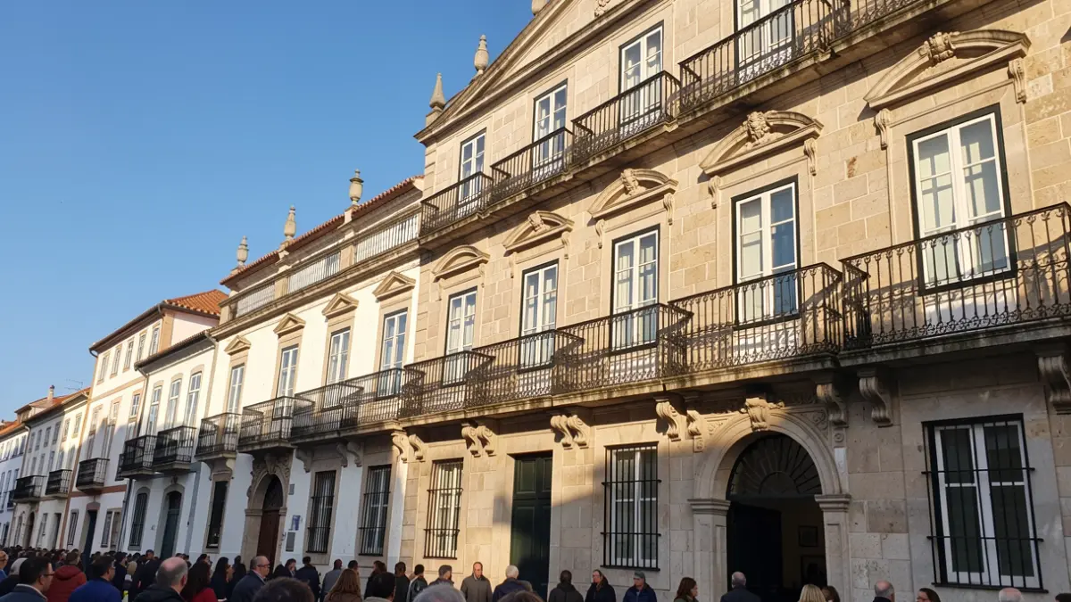 Fachada de um edifício histórico em Faro, Portugal, com detalhes arquitetónicos e luz solar.