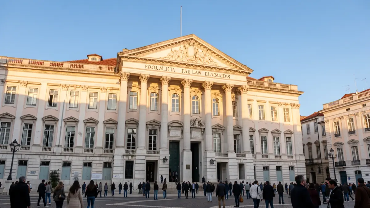 Fachada de la Facultad de Derecho de la Universidad de Lisboa con luz solar de tarde.