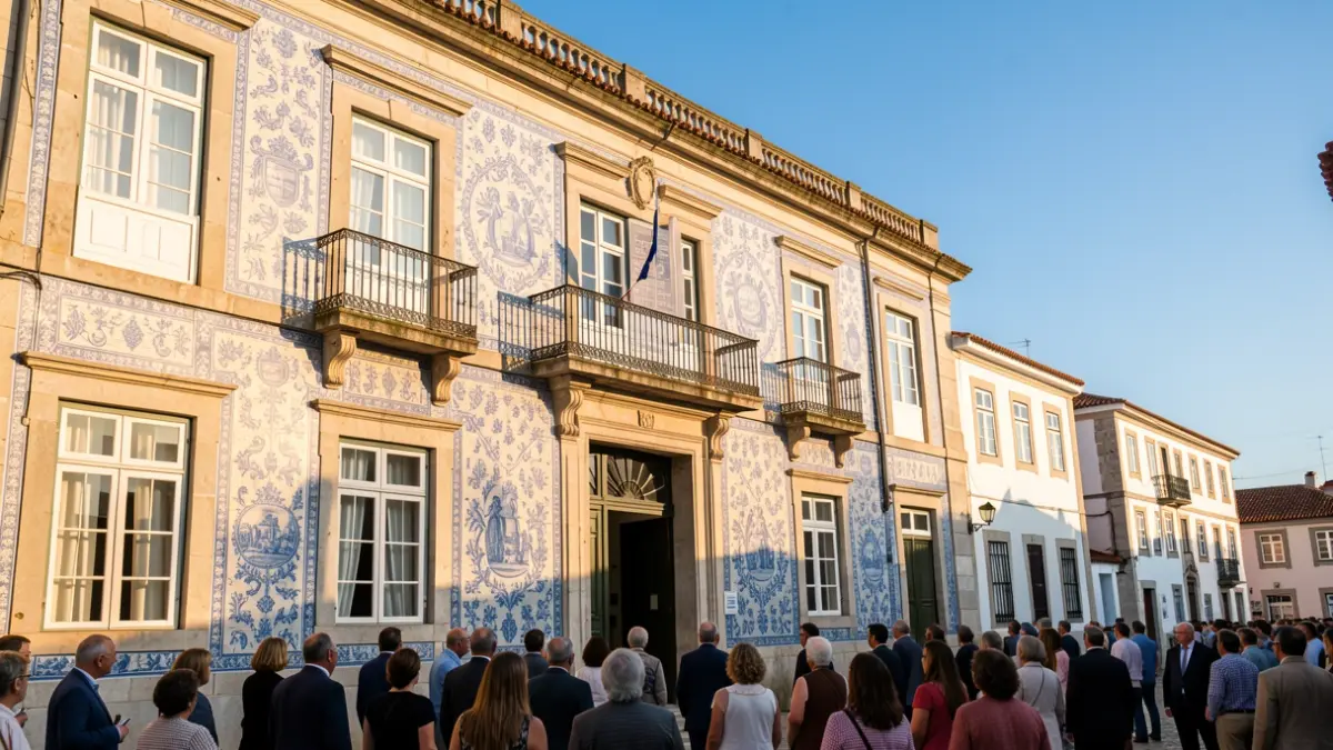 Fachada de um edifício municipal português com azulejos tradicionais e varanda, sob luz solar de fim de tarde.