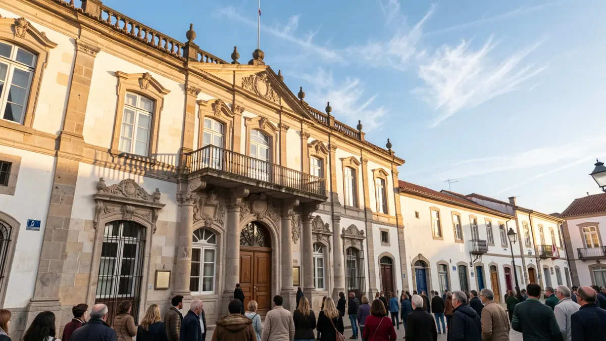 Facade of a municipal building in Faro do Alentejo, Portugal, with traditional architectural details.