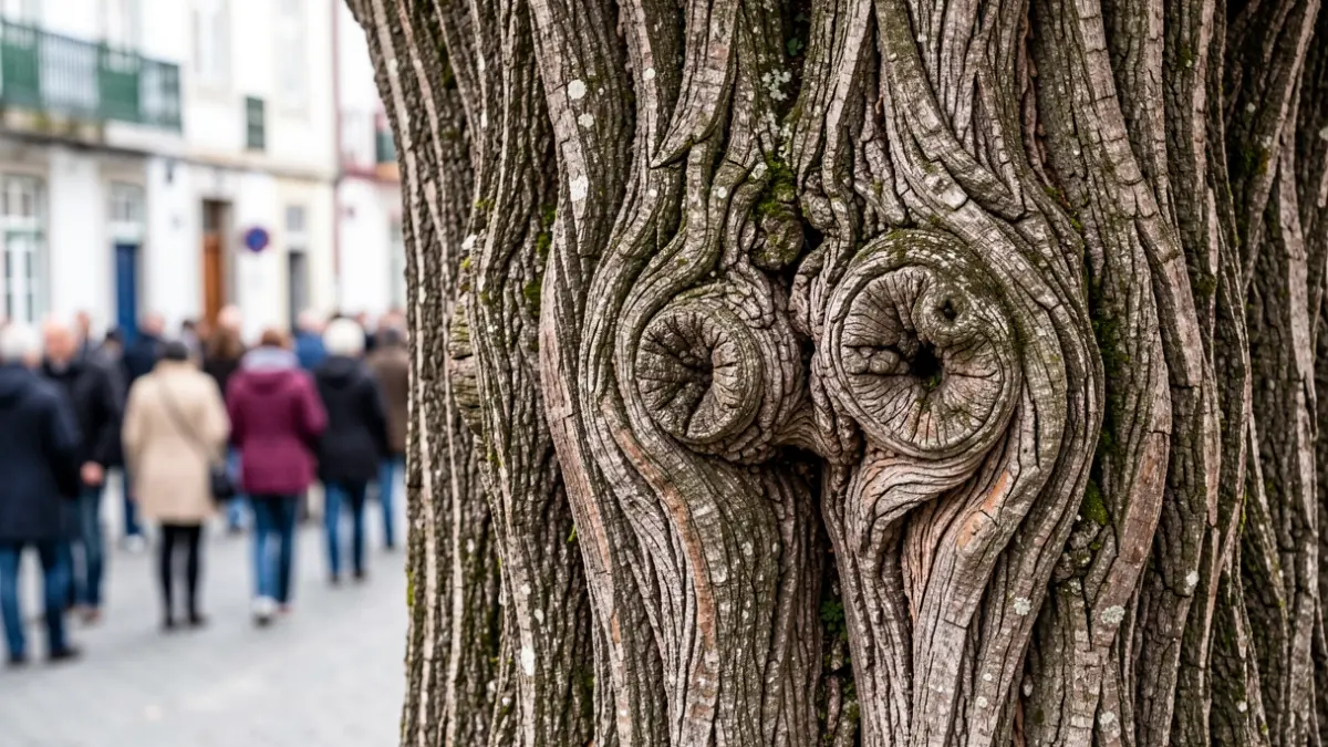 Fotografia de pormenor de casca de árvore antiga com texturas complexas, em Portugal.