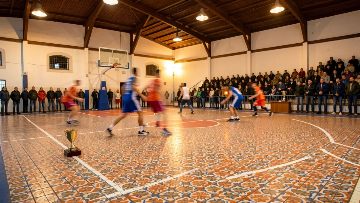 Pavilhão desportivo em Albufeira com campo de basquetebol e troféu em destaque.
