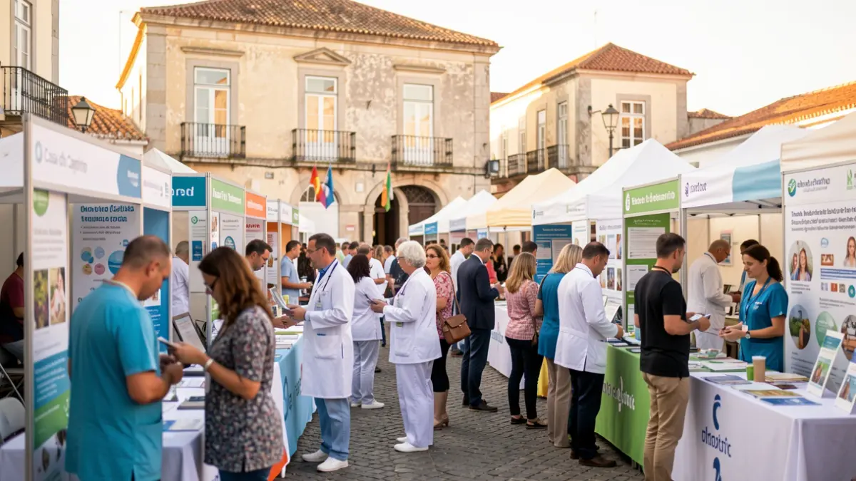Imagen de la Feria de la Salud de ULS Lezíria en Santarém, con stands interactivos y personas interactuando.