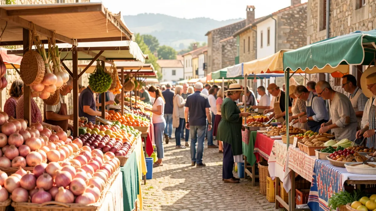 Image of a traditional rural fair in Portugal with agricultural products and people participating.
