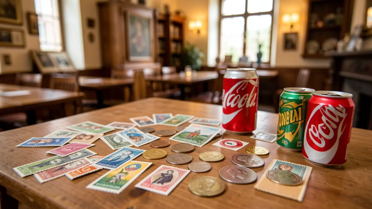 Various collectible items such as stamps, coins, and soda cans arranged on a table.