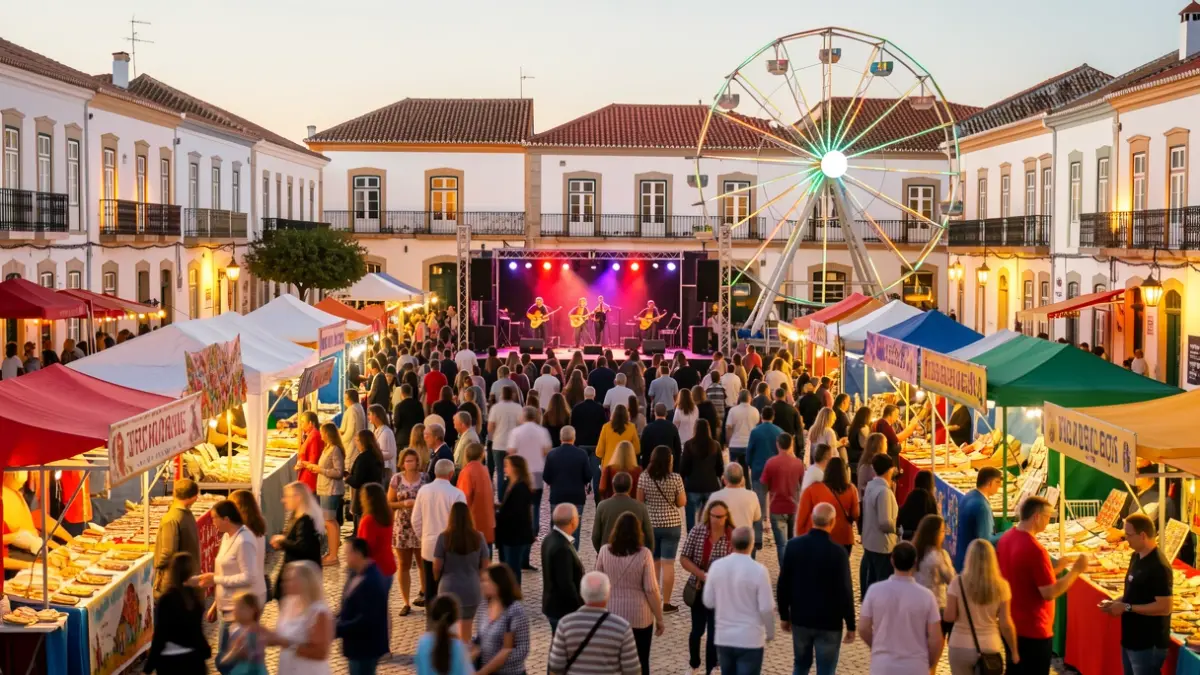 Feria de San Francisco en Tavira con animación musical, noria y zona de restauración.
