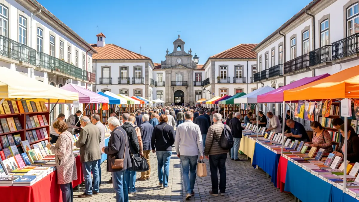 Book fair in Alhos Vedros with book stalls and Portuguese architecture.