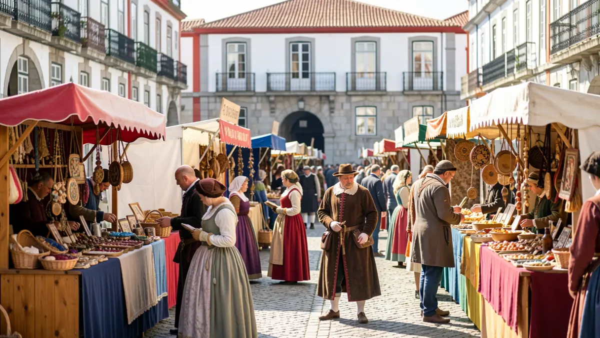 Imagem genérica de uma feira medieval em Portugal com animação e bancas de artesanato e restauração.