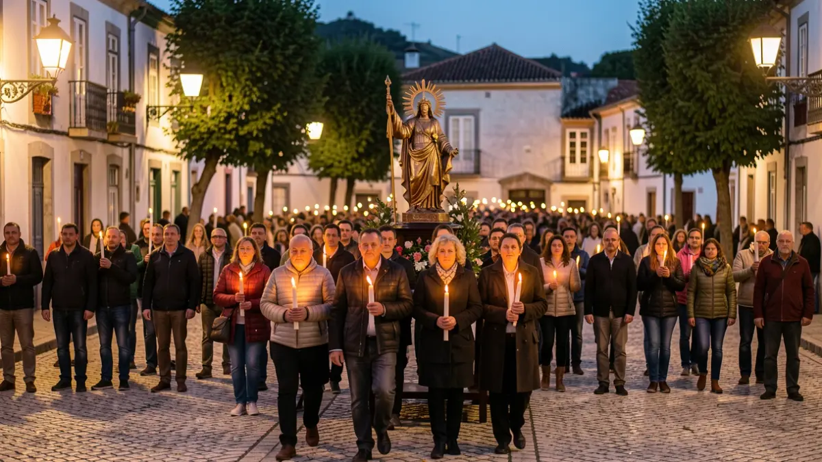 Procesión religiosa tradicional portuguesa al atardecer en una plaza de pueblo, con gente portando velas y una estatua de santa, luz cálida de farolas y velas, fondo borroso de casas y árboles, pavimento de calzada portuguesa.