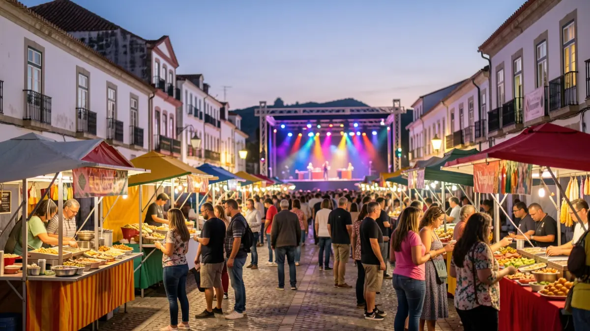 Outdoor festival scene in Gondomar with food stalls and stage at dusk.