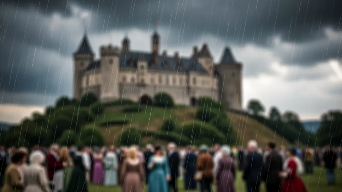 Imagen genérica de un castillo medieval bajo un cielo tormentoso con lluvia.