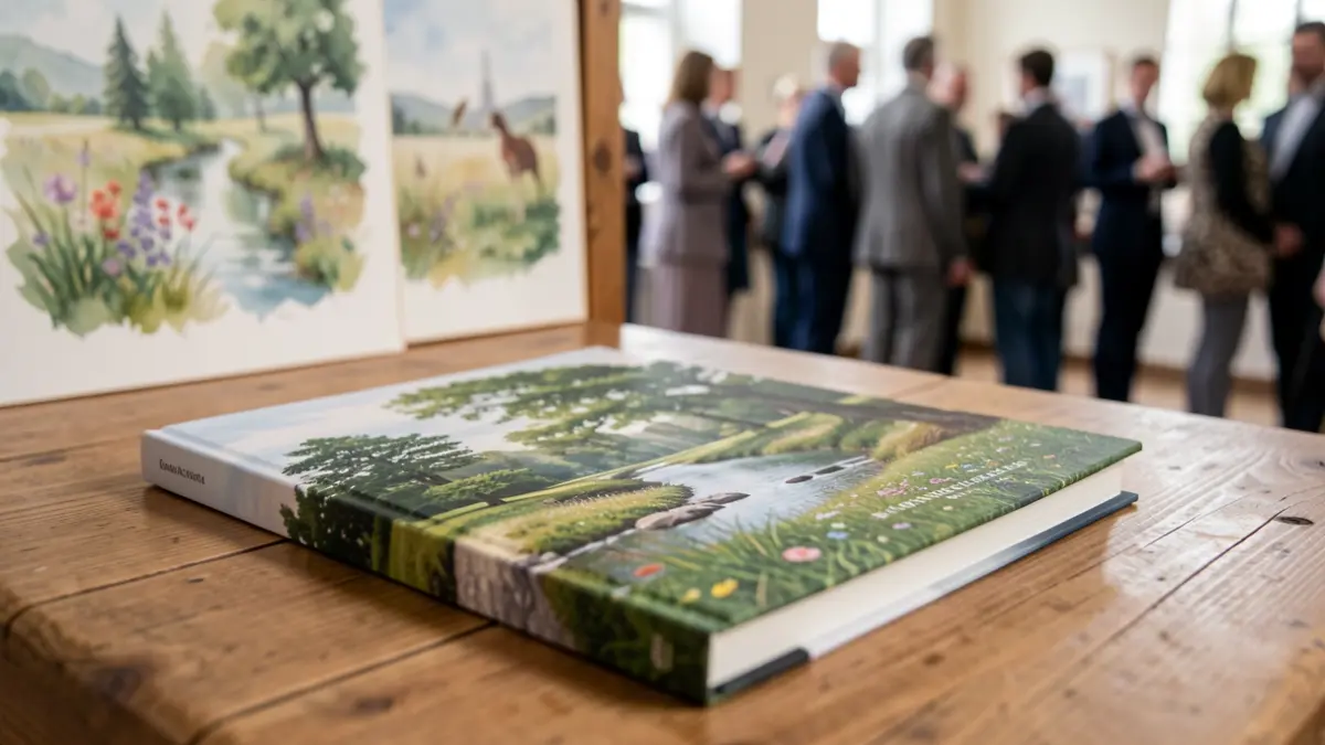 Primer plano de un libro de fotografía de naturaleza con portada de paisaje sobre una mesa de madera, con pinturas de acuarela borrosas al fondo.