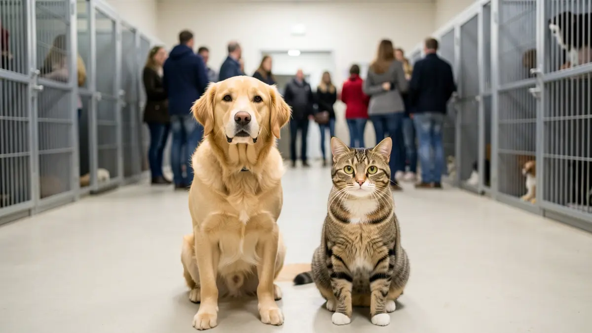 Imagen de un perro y un gato en un centro de recogida de animales, esperando adopción.
