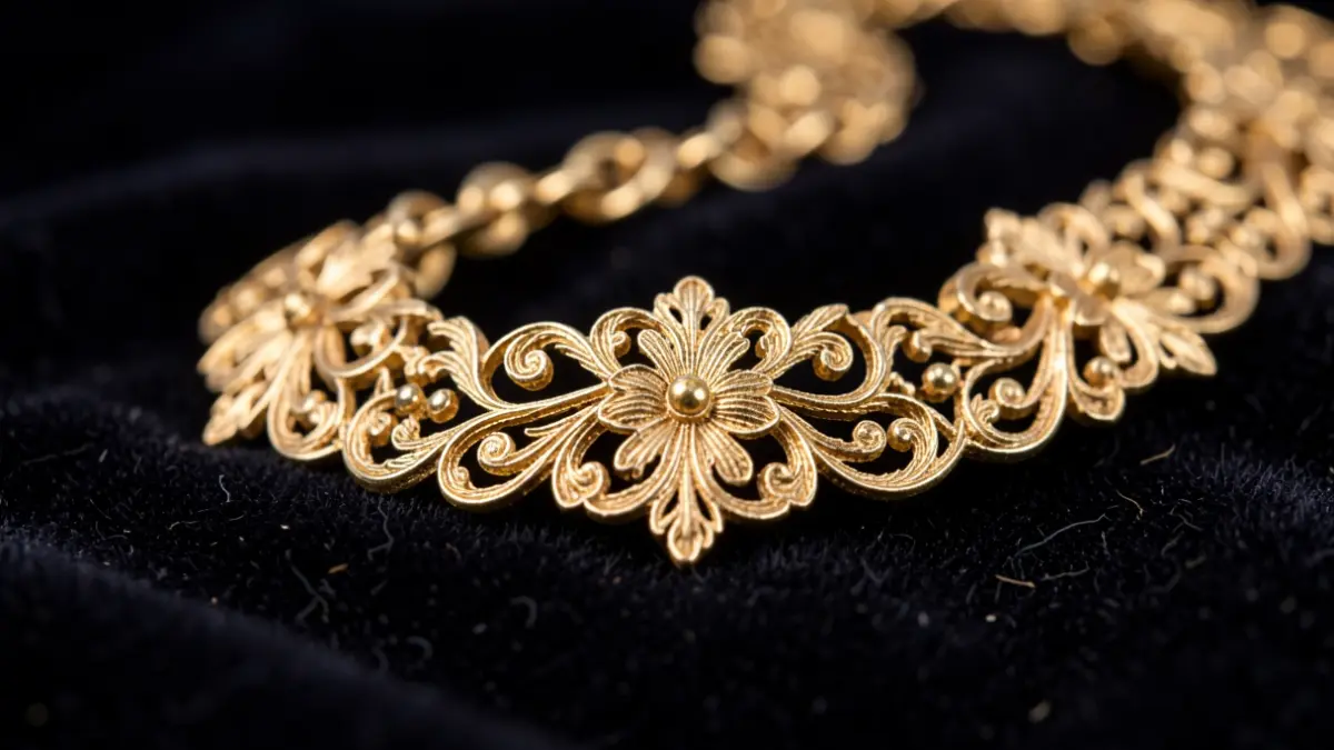 Close-up of Portuguese filigree jewelry with delicate gold threads in floral patterns.