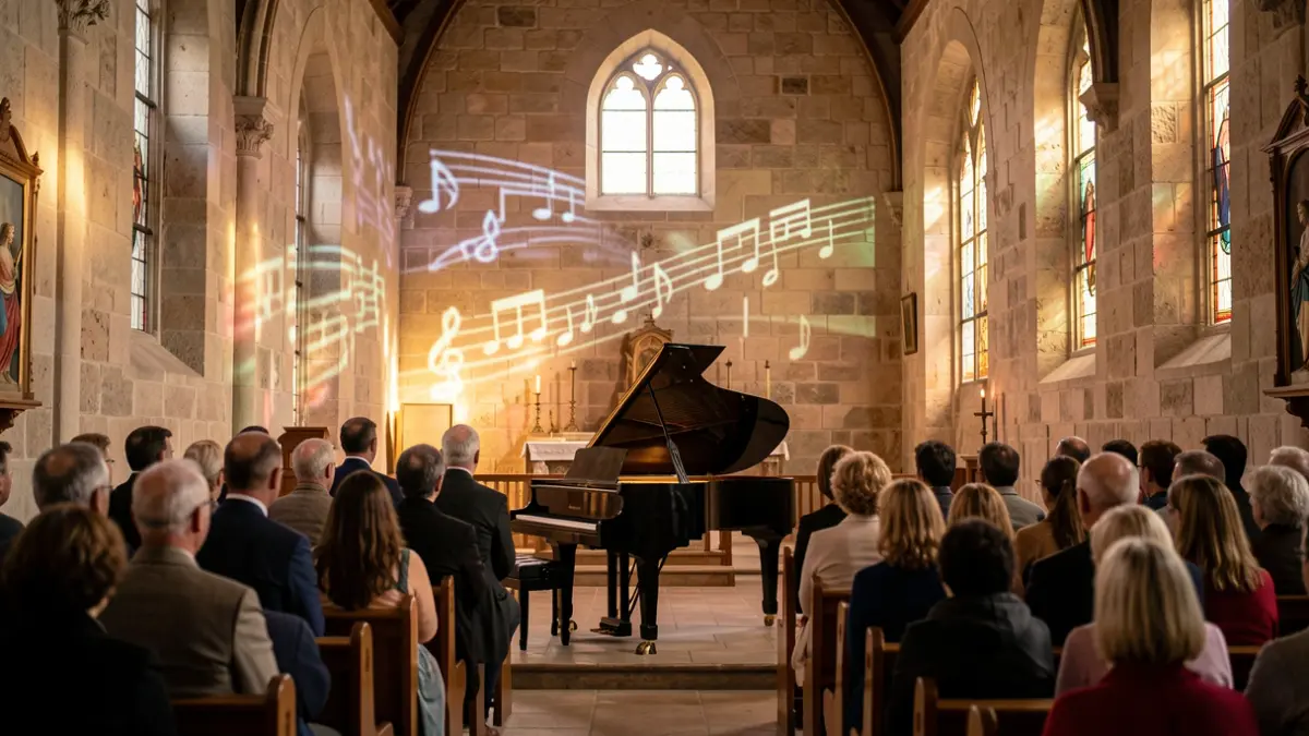 Interior de uma igreja histórica portuguesa com piano e projeções visuais.