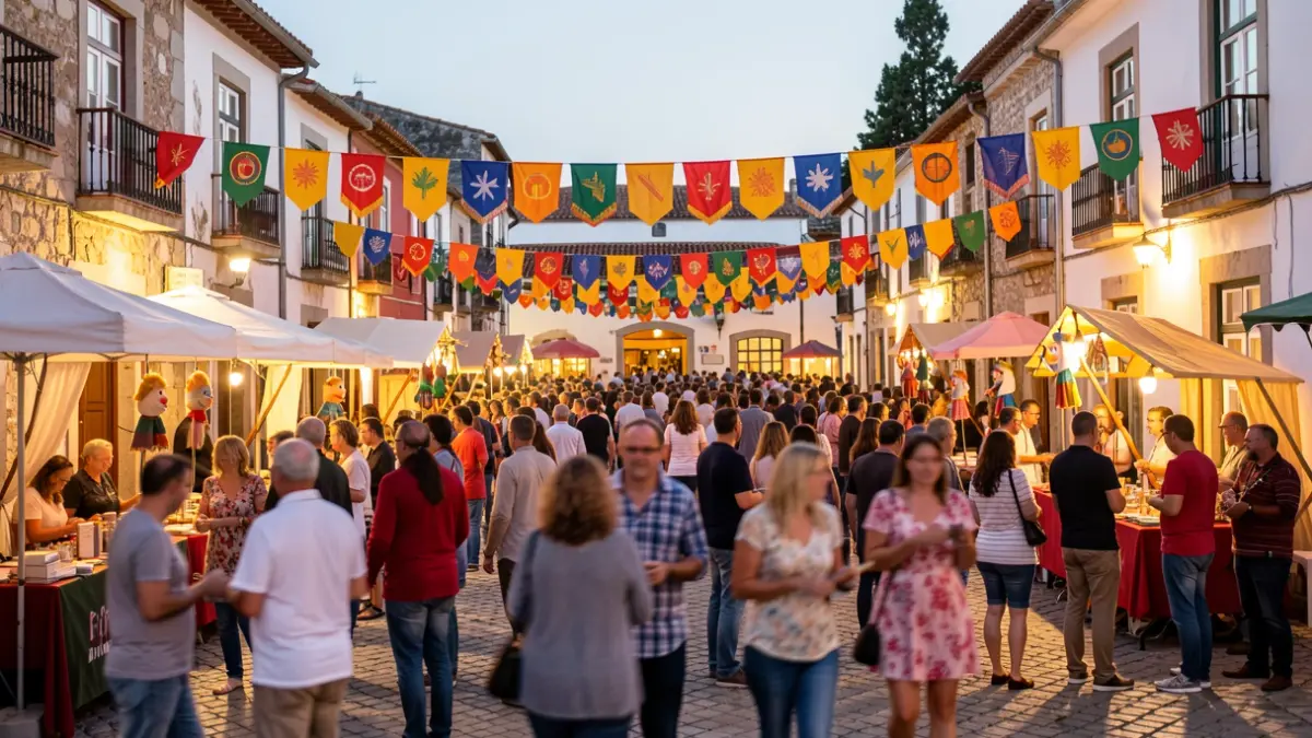 Imagem genérica de um festival cultural ao ar livre numa praça de aldeia portuguesa, com foco na atmosfera e na multidão desfocada.