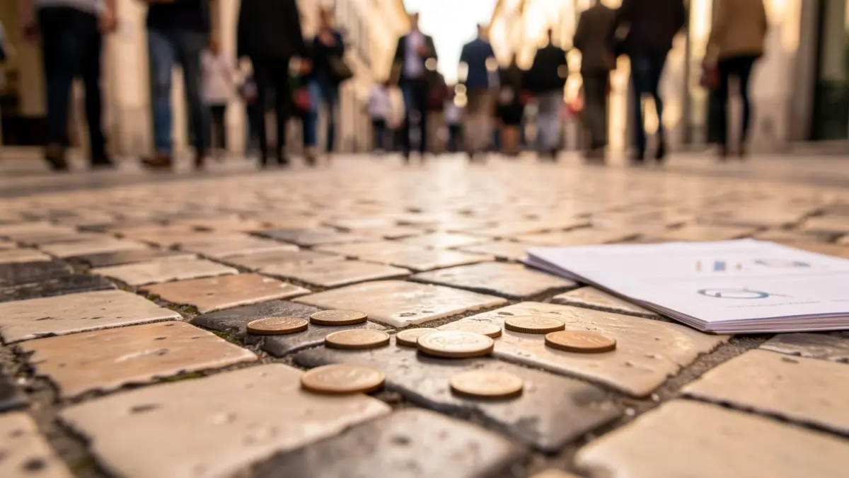 Imagem genérica de calçada portuguesa com moedas e documento de negócios desfocado.