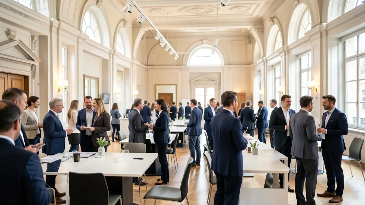 Imagem de um salão de conferências moderno no Palácio da Bolsa, Porto, com delegados a interagir.