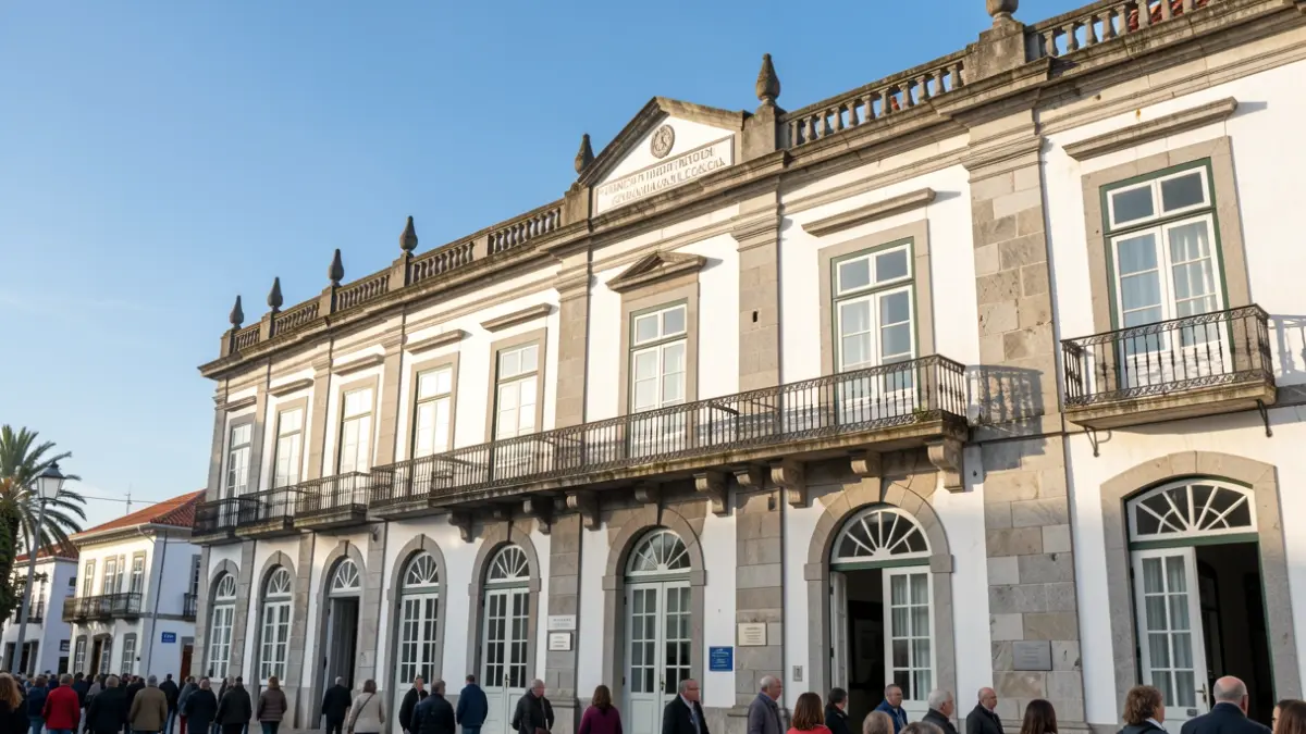 Fachada do edifício da Câmara Municipal do Funchal, arquitetura tradicional portuguesa com varandas e luz solar.
