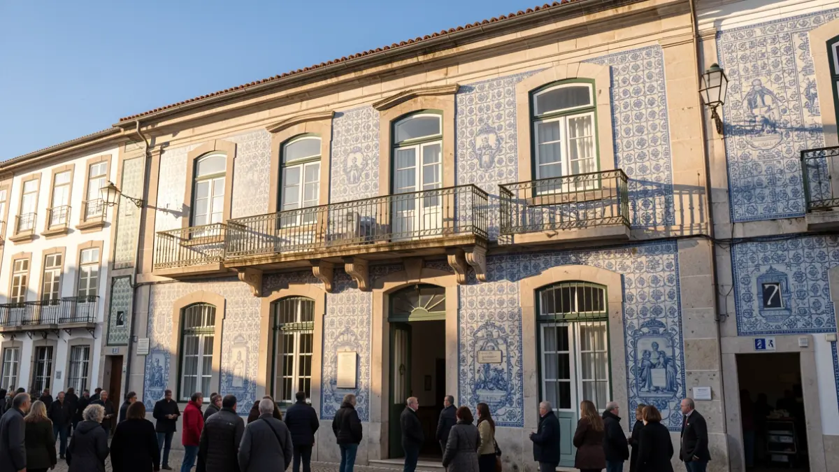 Fachada de un edificio municipal portugués con azulejos tradicionales y balcón, bajo la luz solar de la tarde.