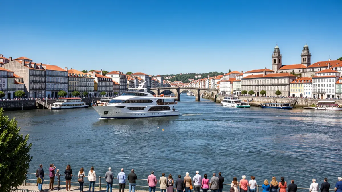 View of the Douro River with a modern cruise ship and traditional Portuguese buildings on the banks.