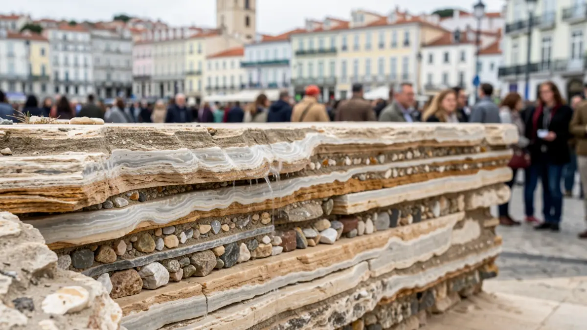 Imagen genérica de una sección geológica con capas de piedra caliza y pedernal, con el horizonte urbano de Lisboa desenfocado al fondo.