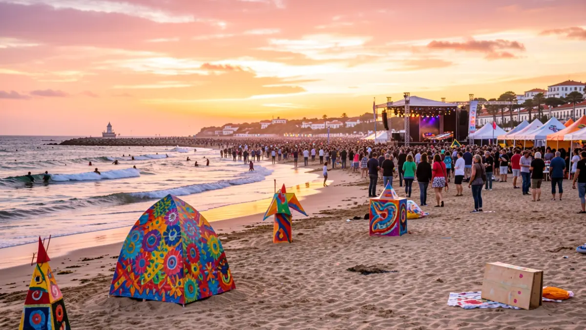 Imagem genérica de um festival de verão na praia com surfistas, arte e música.