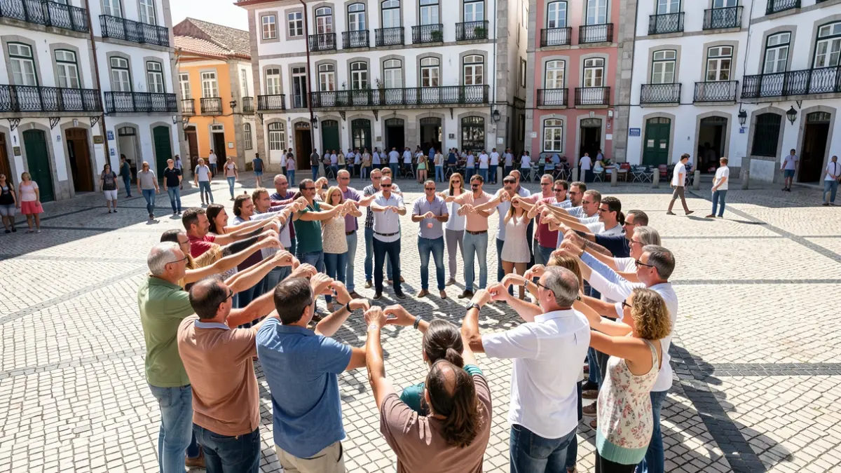 Grupo de pessoas a formar um coração com as mãos numa praça portuguesa soalheira.
