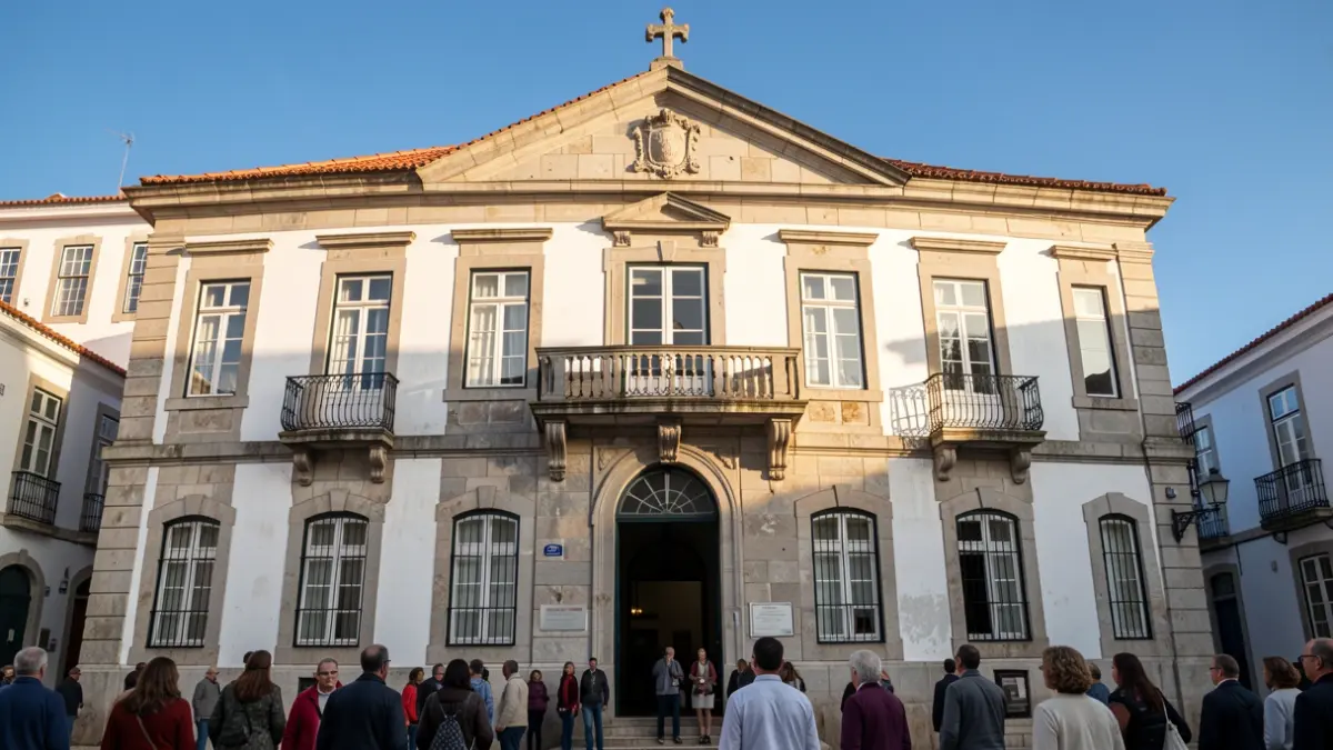 Facade of the Góis Town Hall, a traditional Portuguese building with stone elements and an ornate balcony, under warm afternoon sunlight.