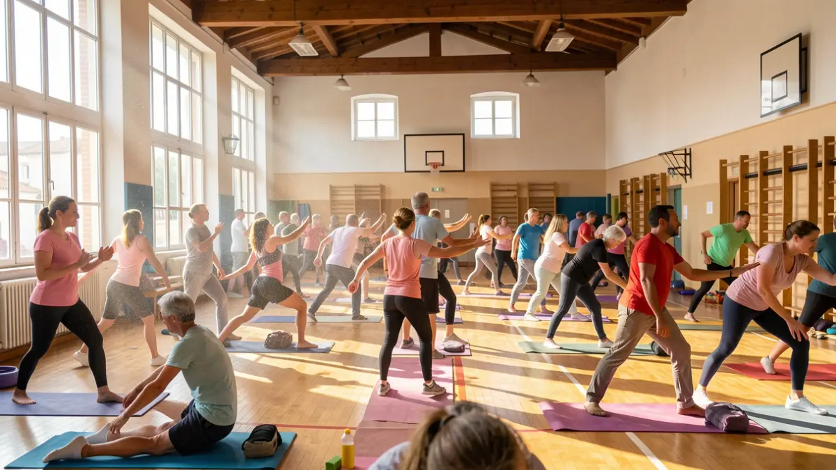 Generic image of a Portuguese gymnasium with people engaging in physical activity in a sunny, community atmosphere.