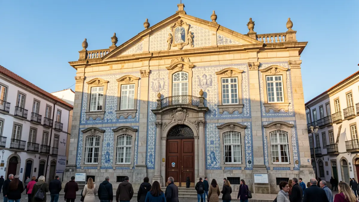 Facade of a municipal building in Góis with traditional Portuguese tiles.