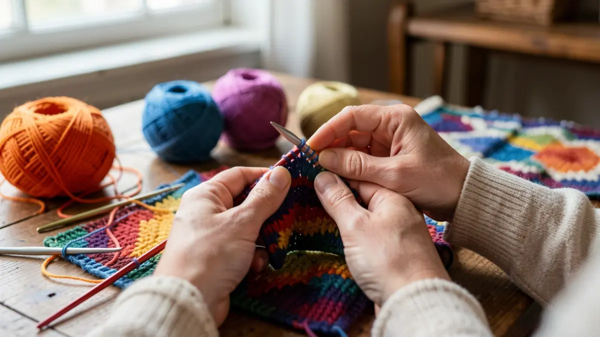 Hands knitting and crocheting with colorful yarns on a wooden table, soft natural light.