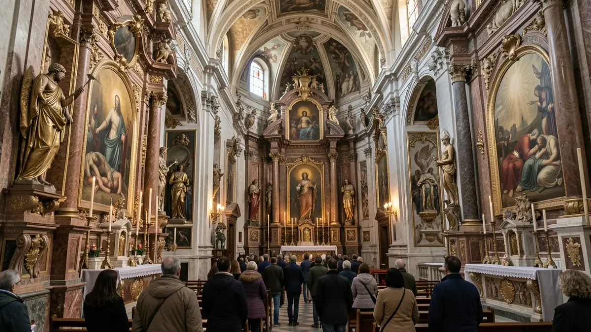 Interior of a church in Gondomar with altars dedicated to souls, featuring religious iconography and artistic representations.