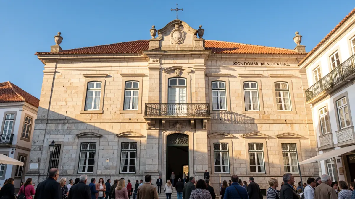 Facade of the Gondomar Municipal Hall, a traditional Portuguese building with stone architecture and an ornate balcony, bathed in warm afternoon sunlight.
