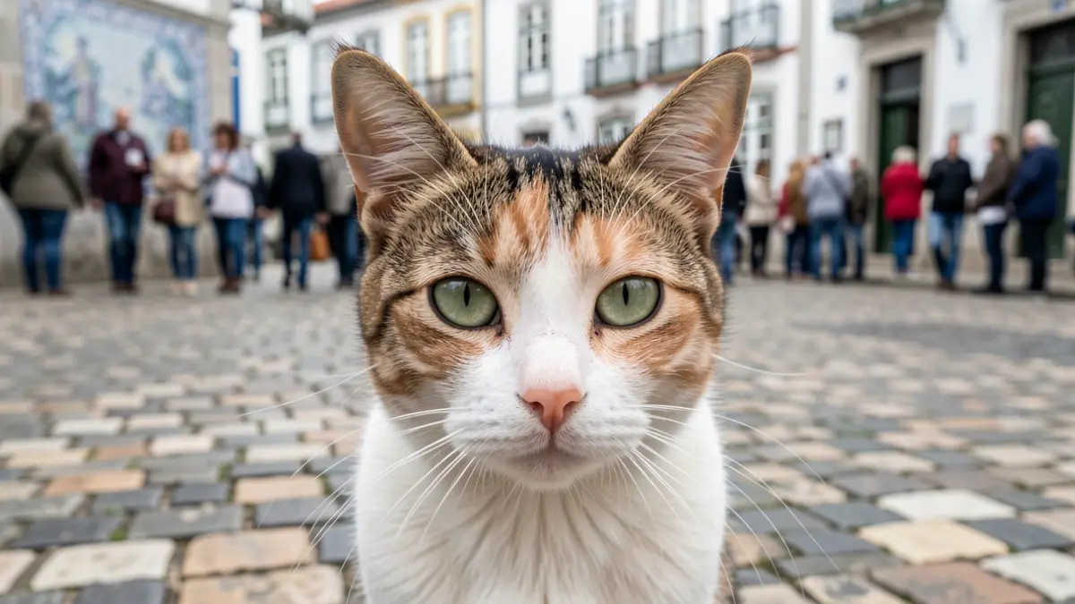 Close-up of a stray cat with green eyes, with blurred Portuguese cobblestone pavement and azulejo tiles in the background.