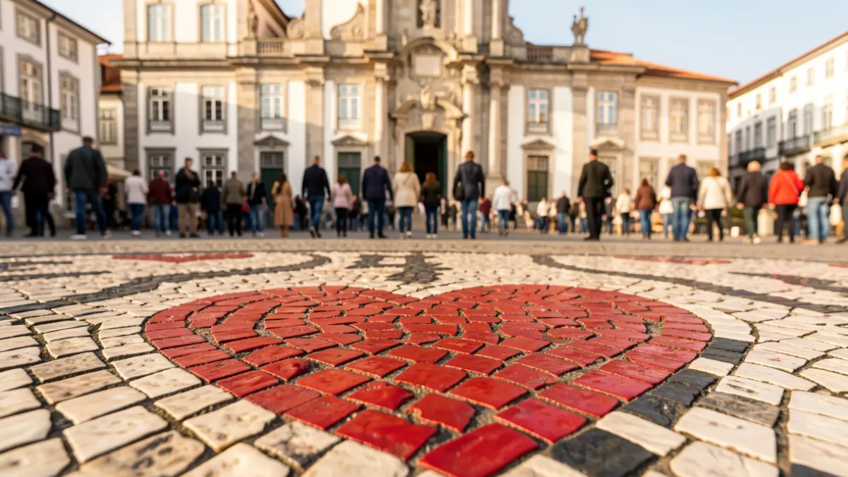 Símbolo de corazón hecho de calzada portuguesa frente al Ayuntamiento de Gondomar.