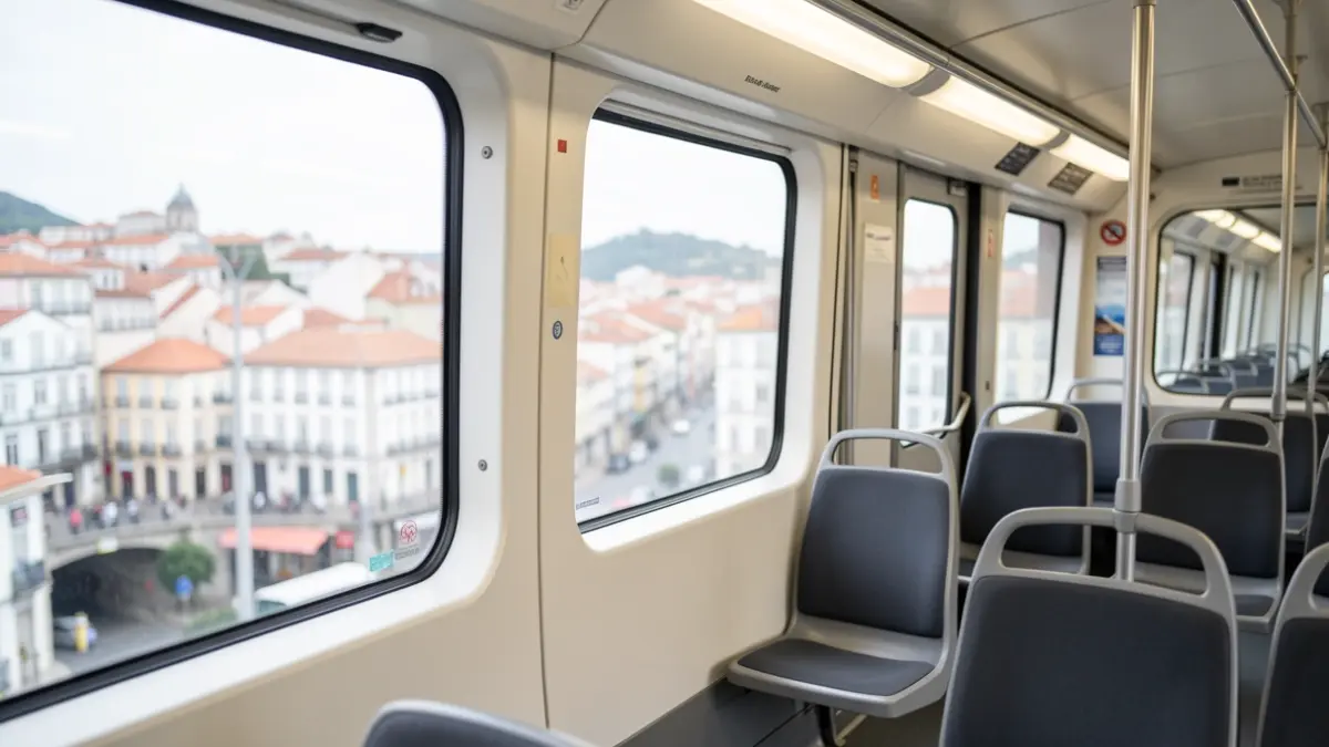 Generic image of a modern metro interior in Portugal, with empty seats and a blurred city view.