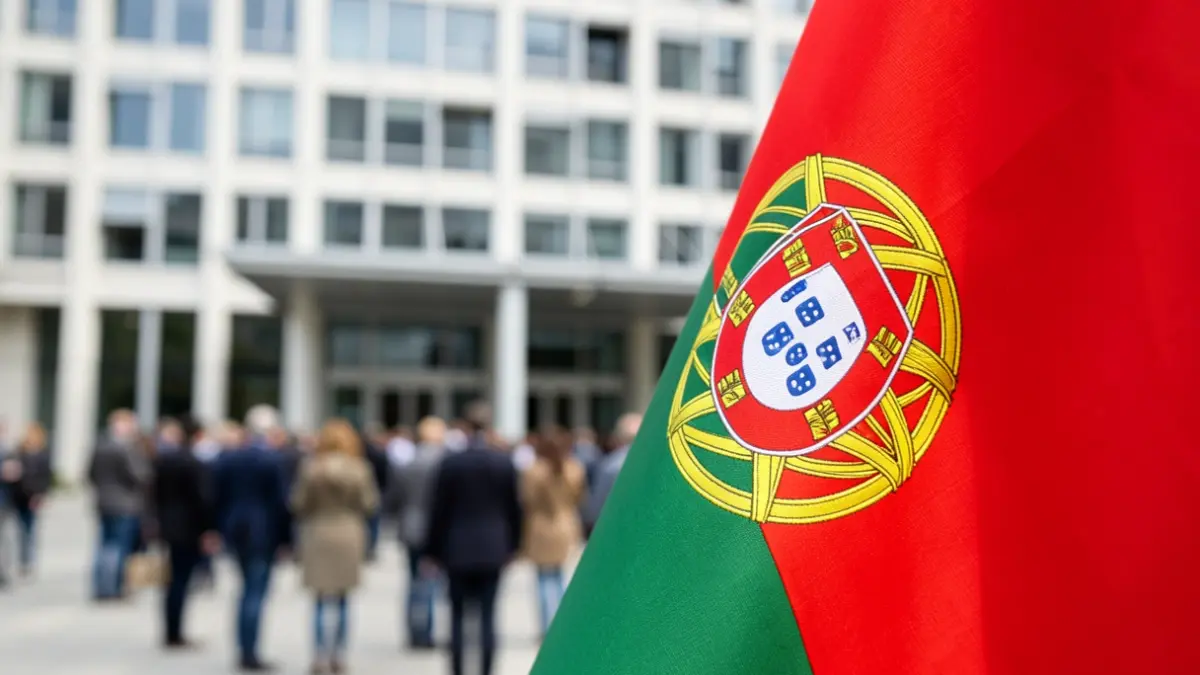 Detalle de la textura de la bandera portuguesa con el edificio del gobierno desenfocado al fondo.