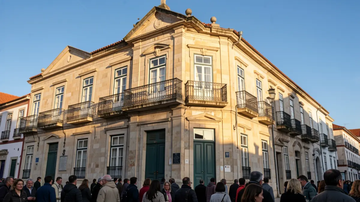 Facade of the Ponta Delgada Municipal Chamber building with ornate balconies and afternoon sunlight.