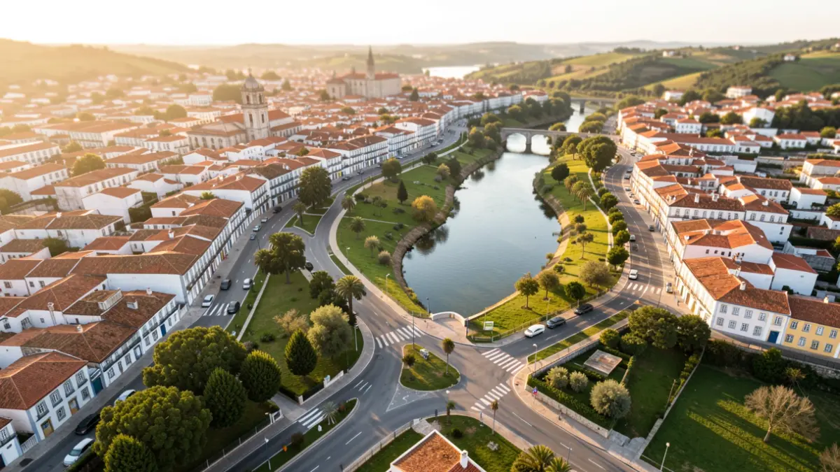 Aerial view of a Portuguese city with a river, showing urban regeneration and traditional architecture.