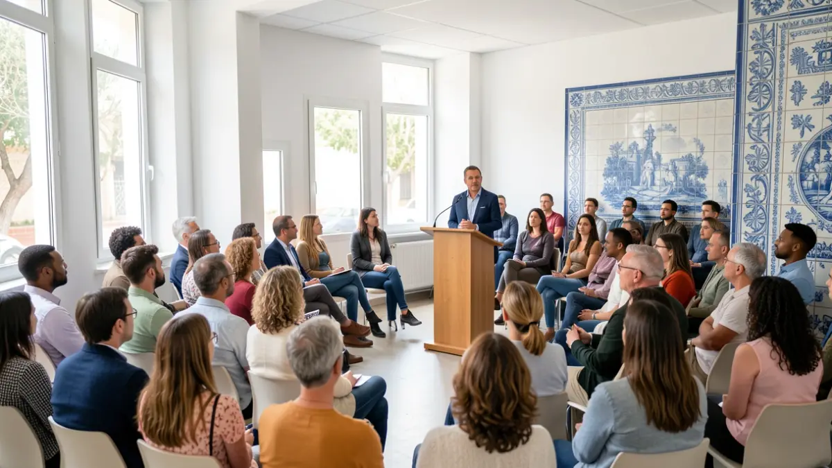 Imagem de um encontro internacional sobre integração de migrantes e refugiados em Guimarães, com participantes diversos e elementos arquitetónicos portugueses.