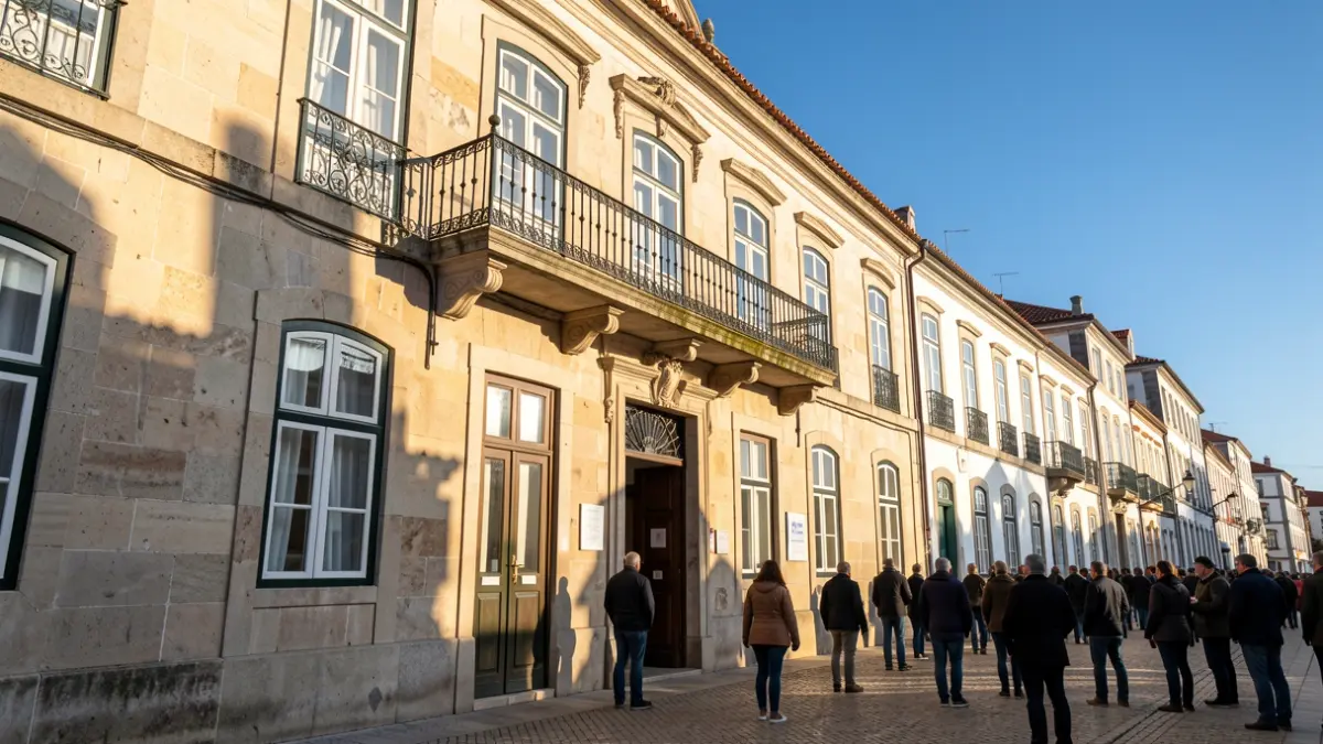 Facade of a municipal building in Guimarães, Portugal, with traditional architectural details.