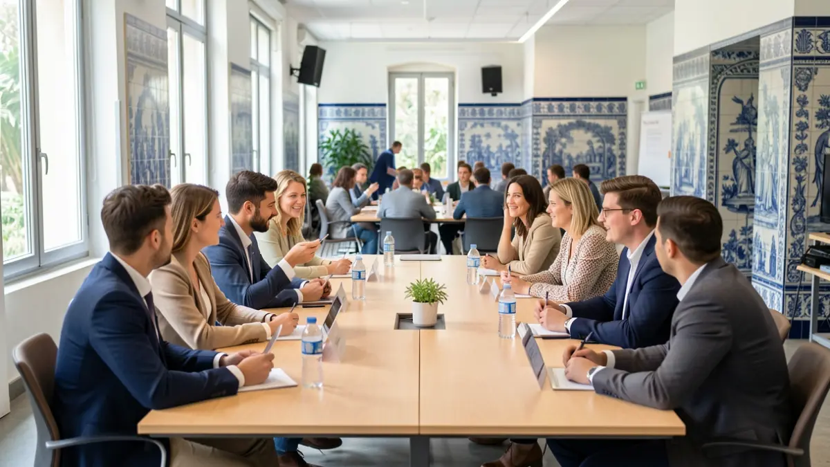 Image of a diverse group of young professionals debating in a collaborative environment with Portuguese architectural elements.