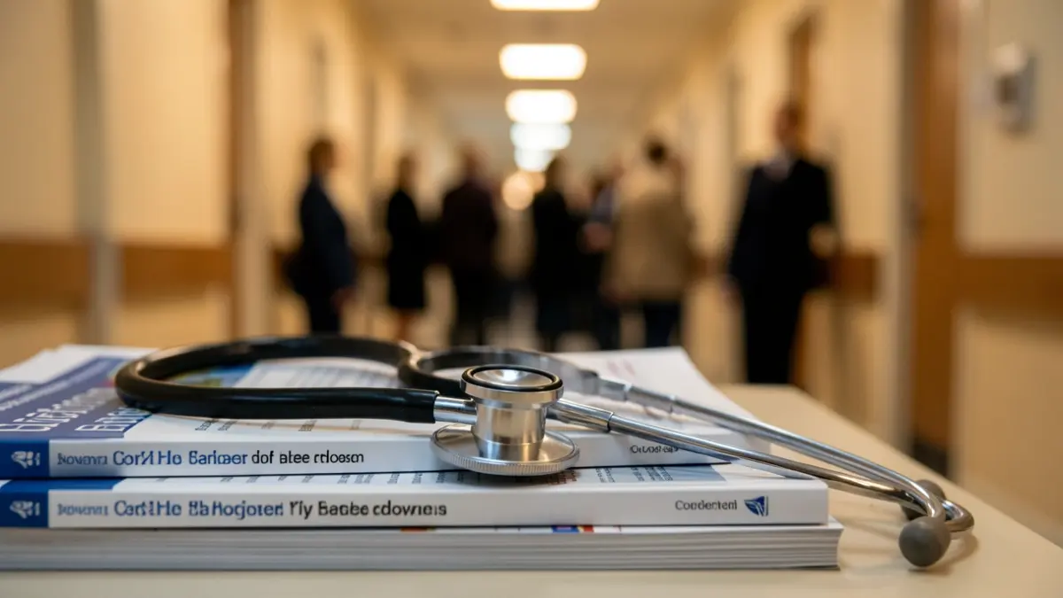 Generic image of a stethoscope on medical books in a hospital corridor.