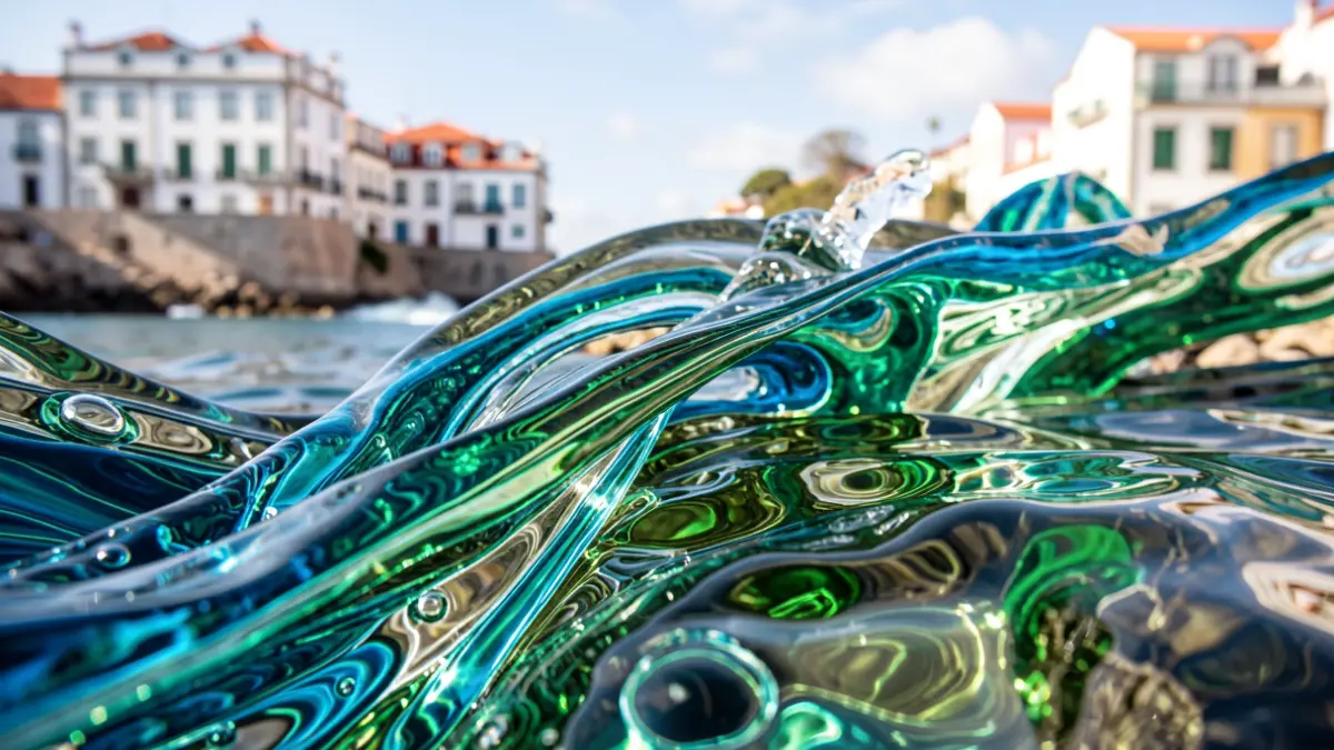 Abstract image representing water, technology, and art, with subtle Portuguese architectural elements.