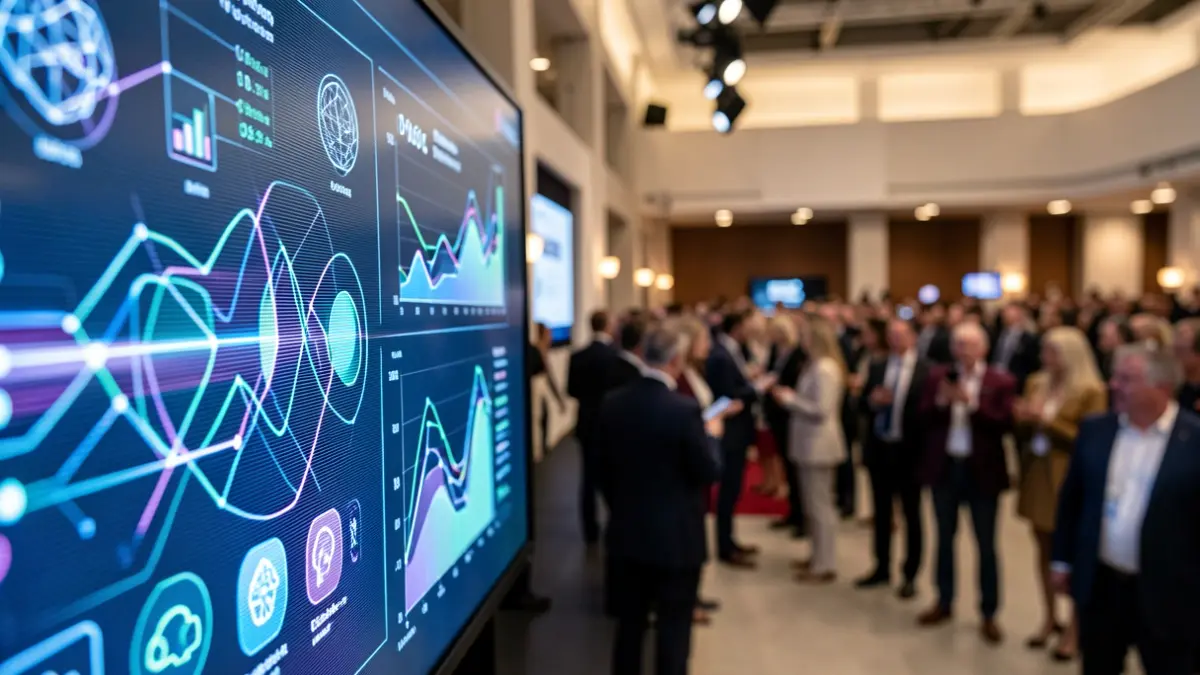 Imagem genérica de um ecrã com visualizações de dados e ícones de IA, com um evento de premiação desfocado ao fundo.