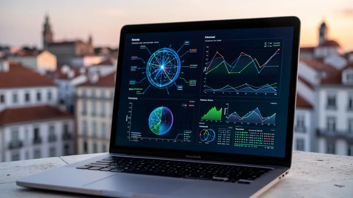 Image of a computer screen with AI graphics and a Portuguese city at dusk.