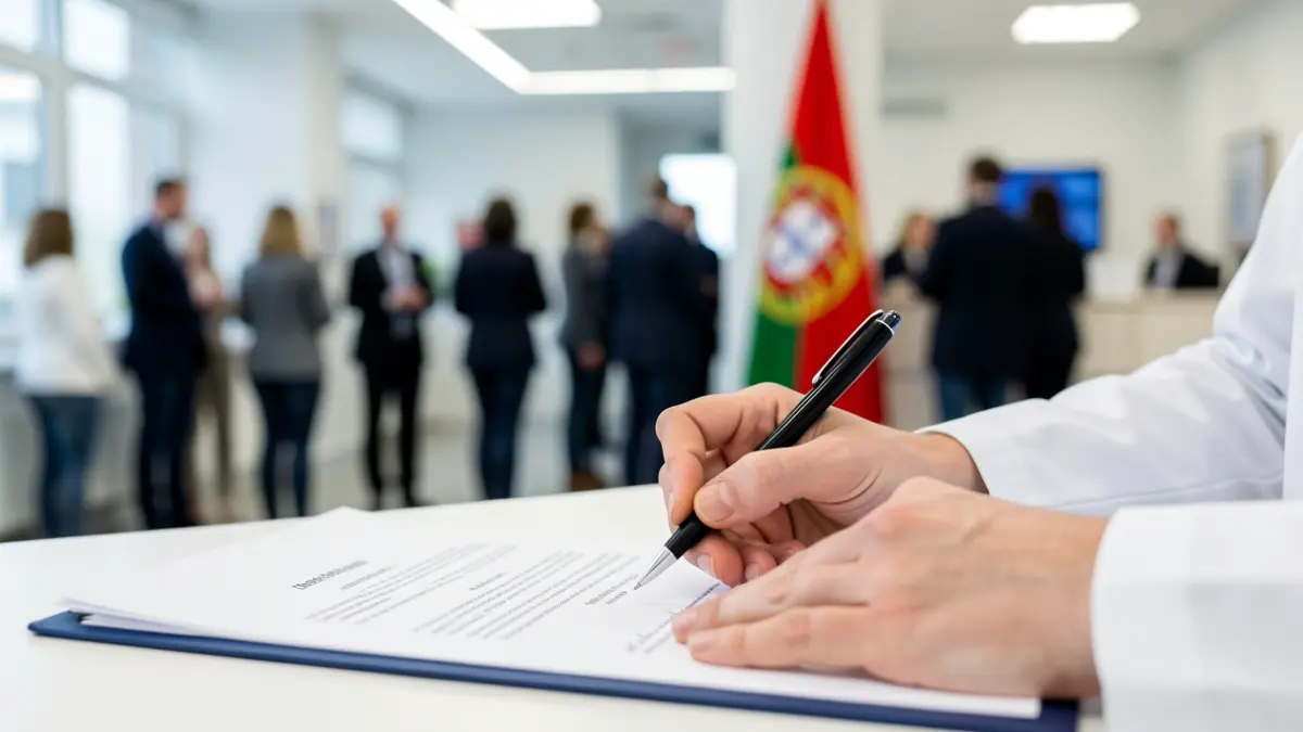 Manos de un profesional de la salud firmando un protocolo con una clínica, en Lisboa.