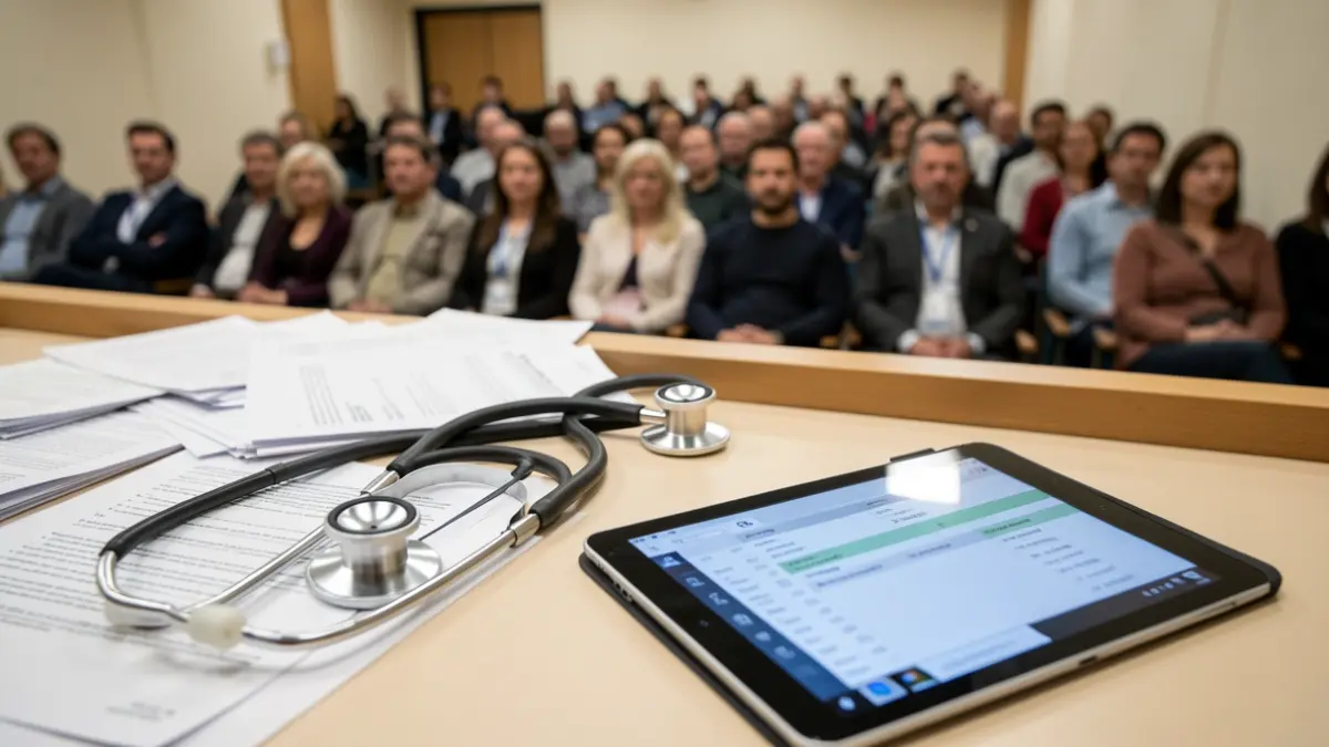 Imagem genérica de equipamento médico numa sala de conferências de hospital.